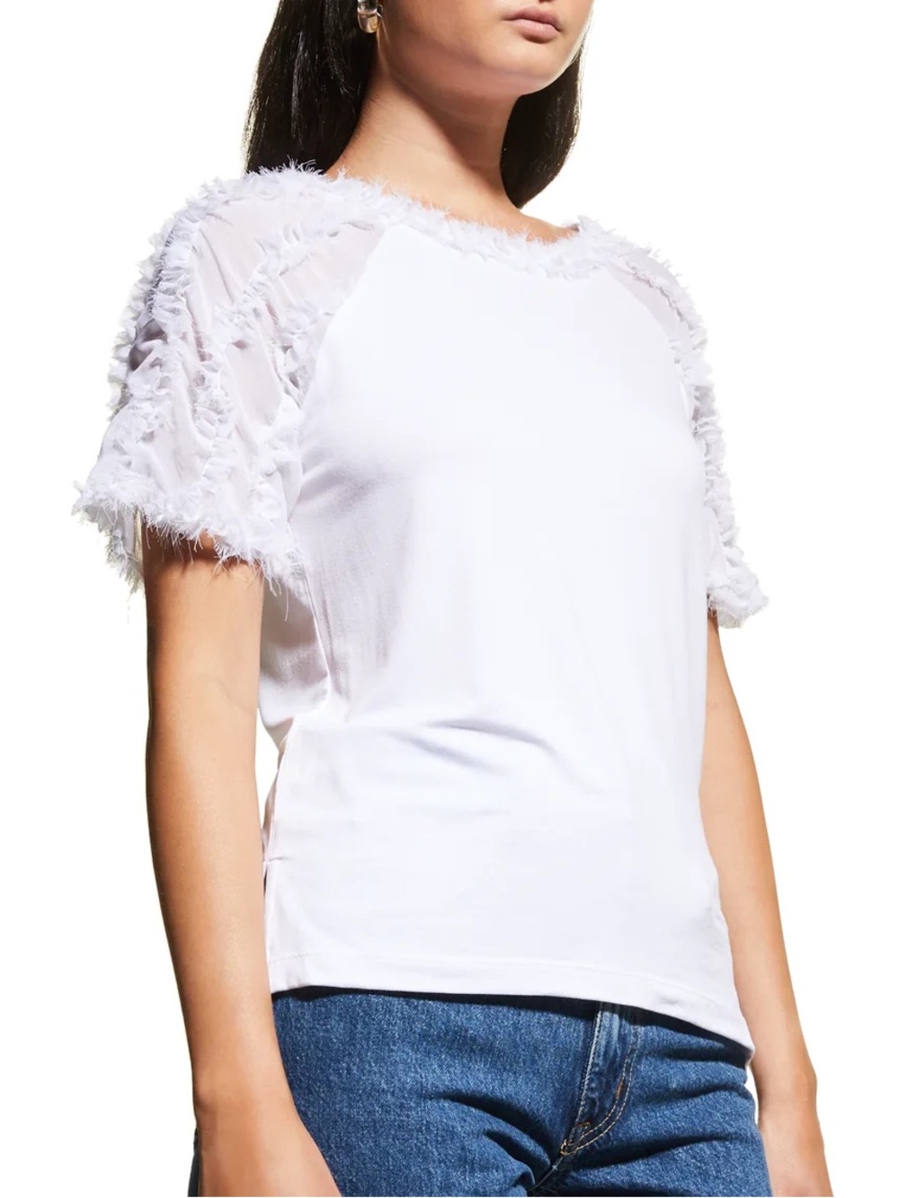 Kobi Halperin white Betsy frill sheer short sleeve rayon spandex top size medium